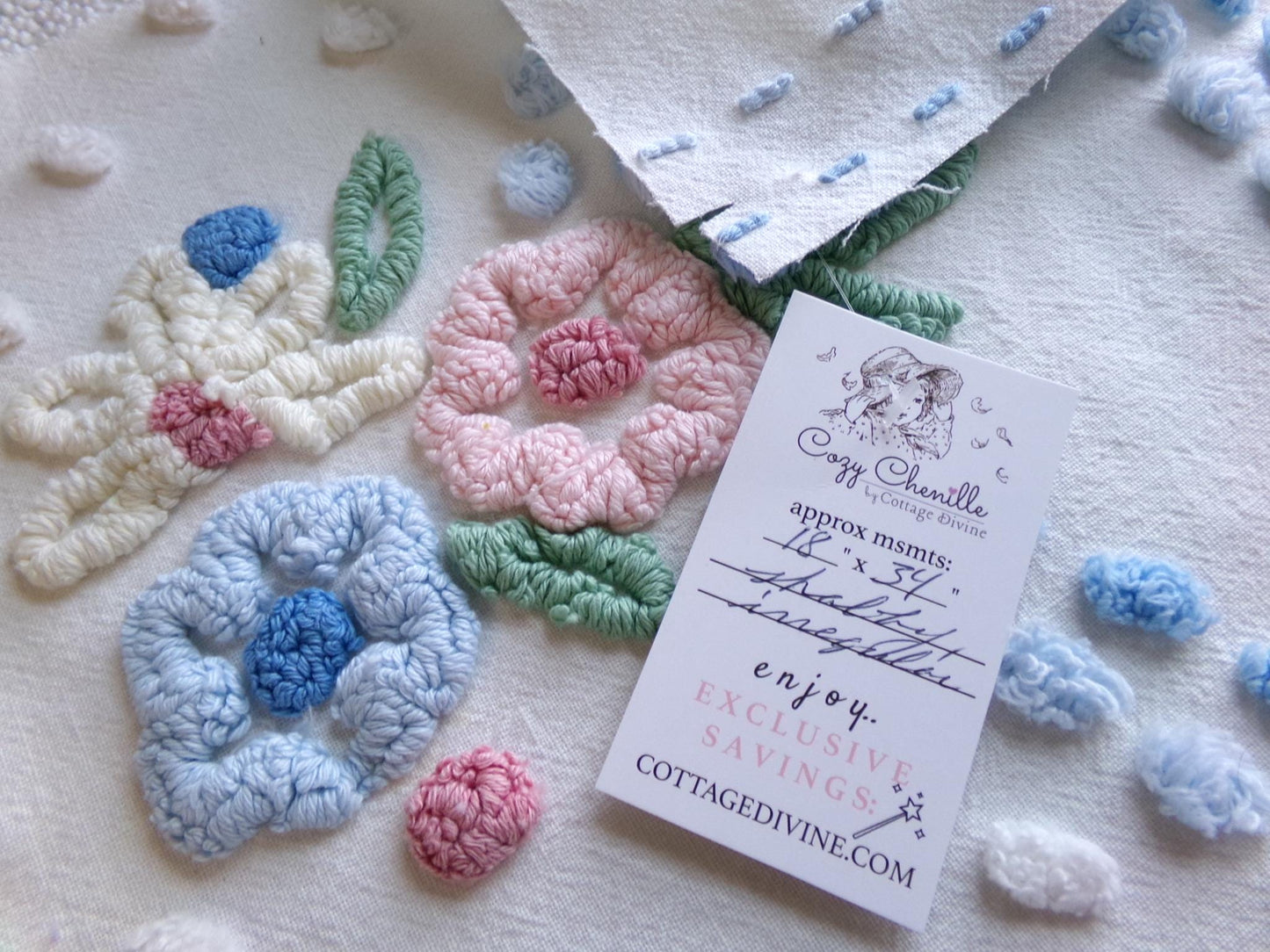 shabby divine vintage chenille fabric, prettiest floral 18" x 34" inch large piece of cotton sewing material, great for quilting & crafts