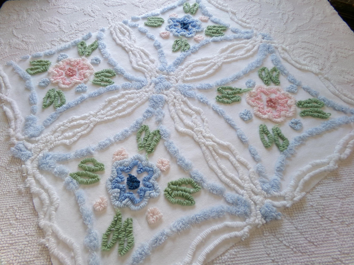 Country Cottage Chic Vintage Chenille Fabric, 20" x 21" Piece of Floral White Cotton Sewing Material, Upcycle into Pillows, Quilts