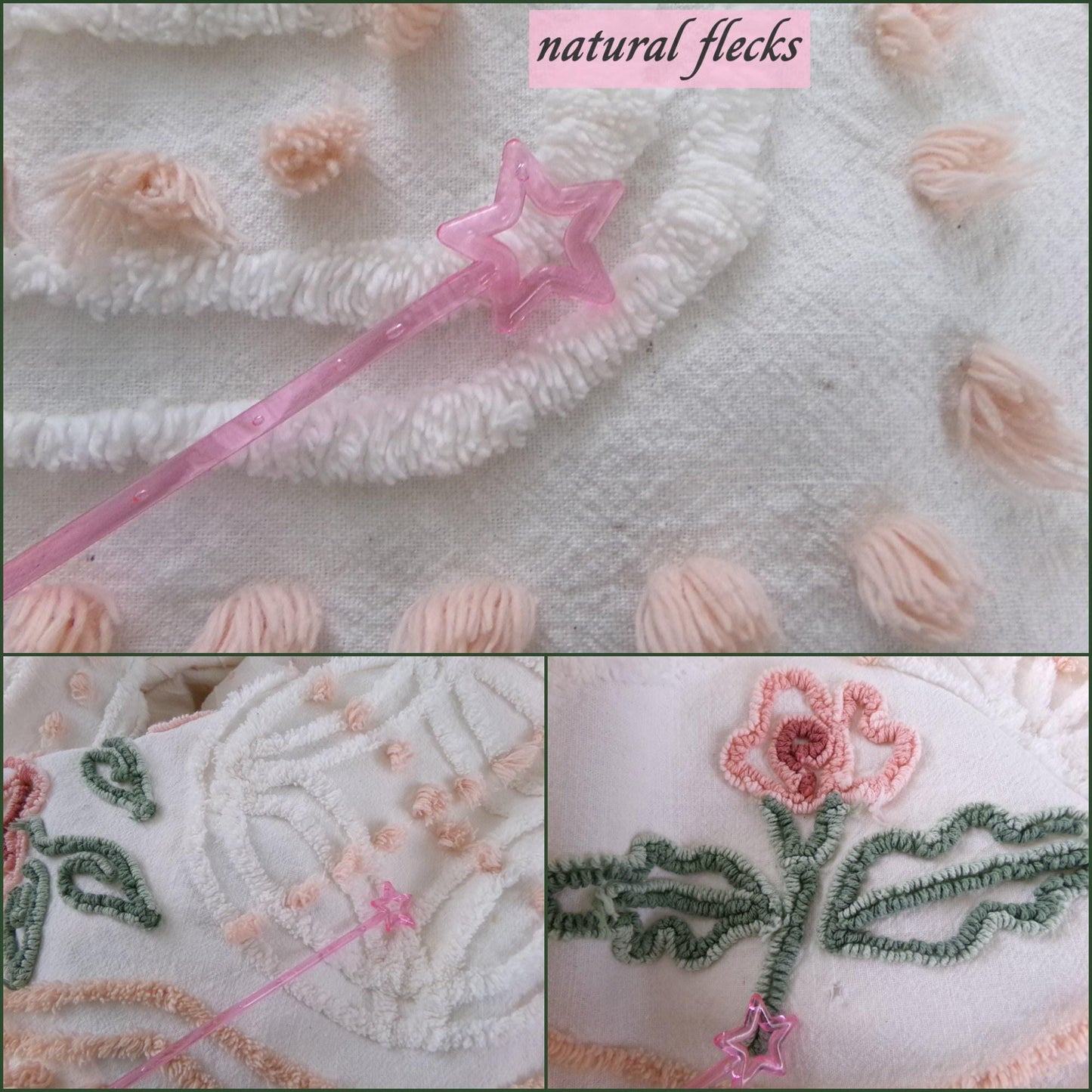 vintage summer romance chenille bedspread, pink roses on white cotton coverlet with pops & wedding rings, full size cottage bedding