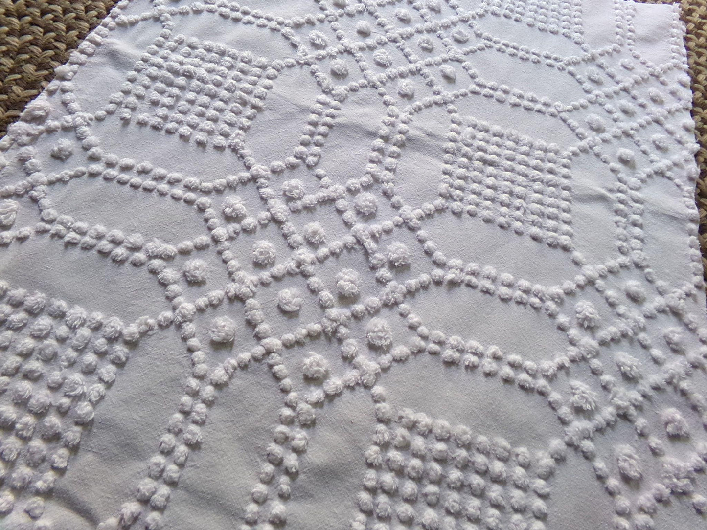 celestial white vintage chenille fabric, vintage geometric piece of cotton sewing material for quilts, pillows, wall hangings, 23" x 28"