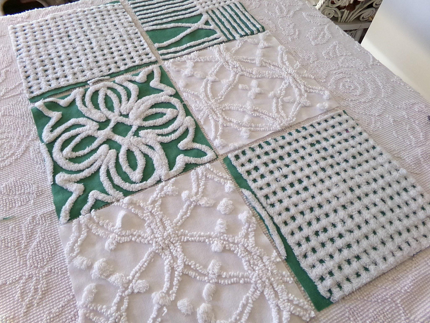 green & white chenille fabric squares, set of 6 large 9.5" square craft and quilt blocks, cut from vintage chenille bedspreads