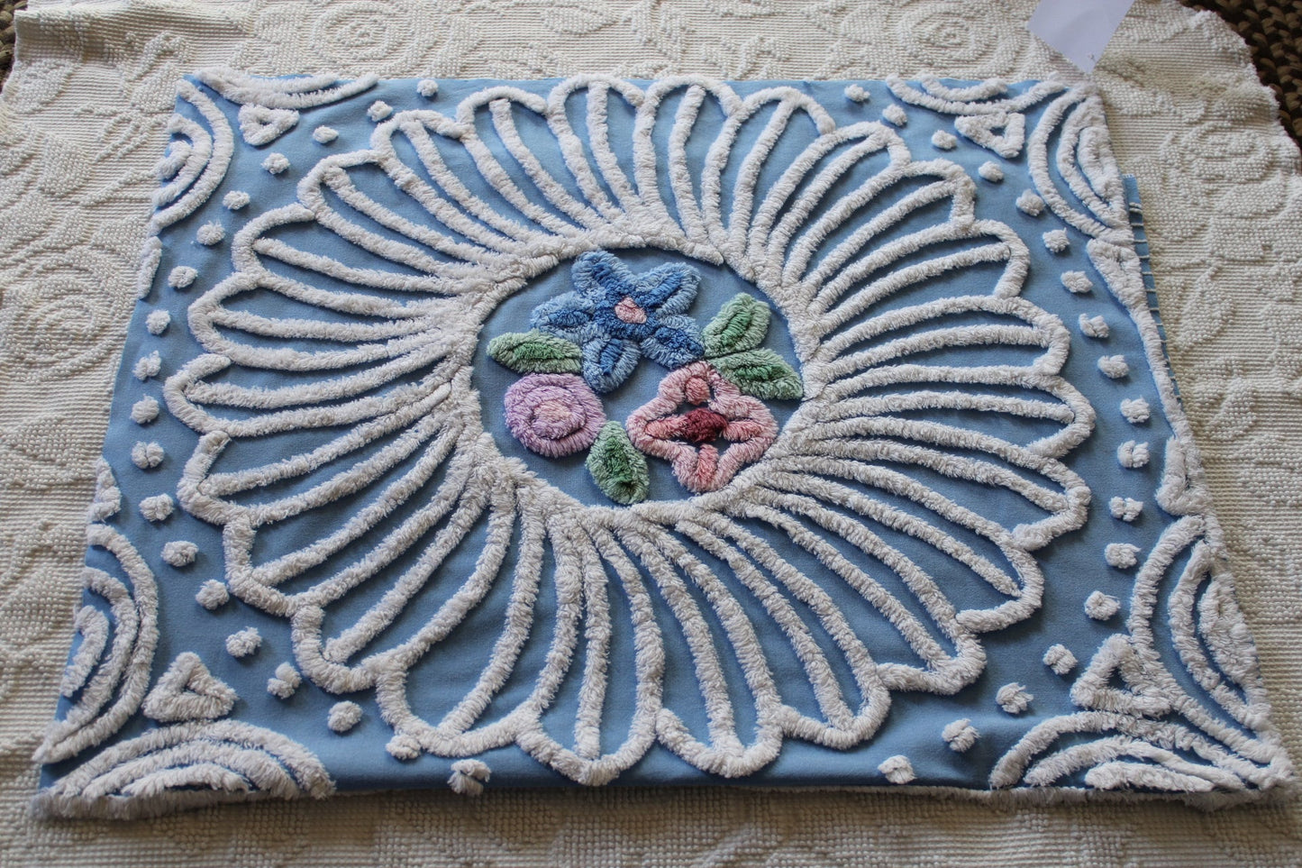 shabby chic vintage chenille fabric, exquisite daisy floral design, 37" x 23" piece, 100% cotton sewing material for wall hanging, quilts