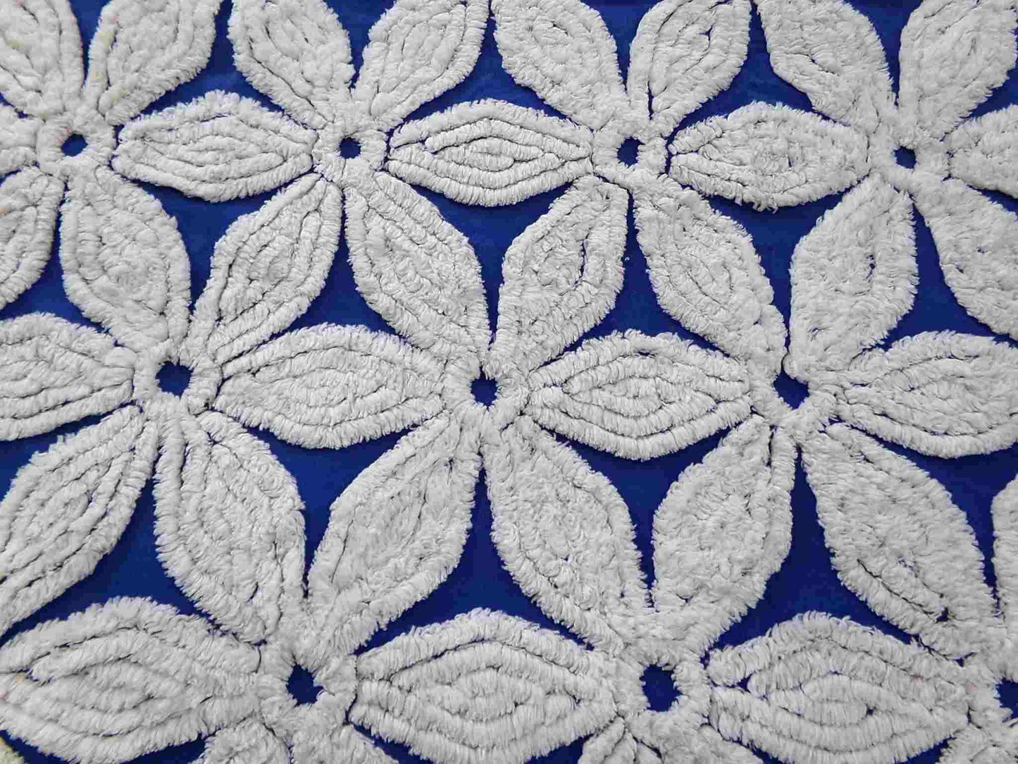 vintage chenille fabric, big beautiful white daisies on dramatic cobalt blue, 20" x 24"' inch piece, plush abstract coastal floral pattern