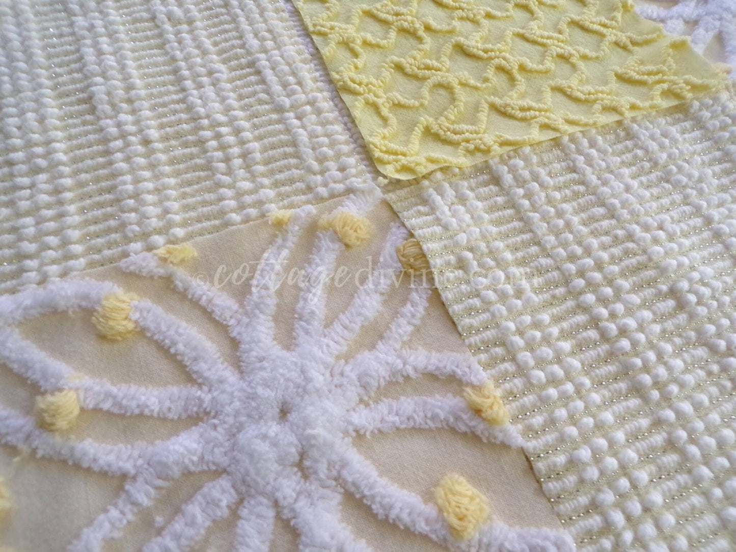 Cheerful Chenille Quilt Squares Set from Vintage Bedspread Fabric, 17 Blocks, 6" x 6" inch, Sunny Yellows