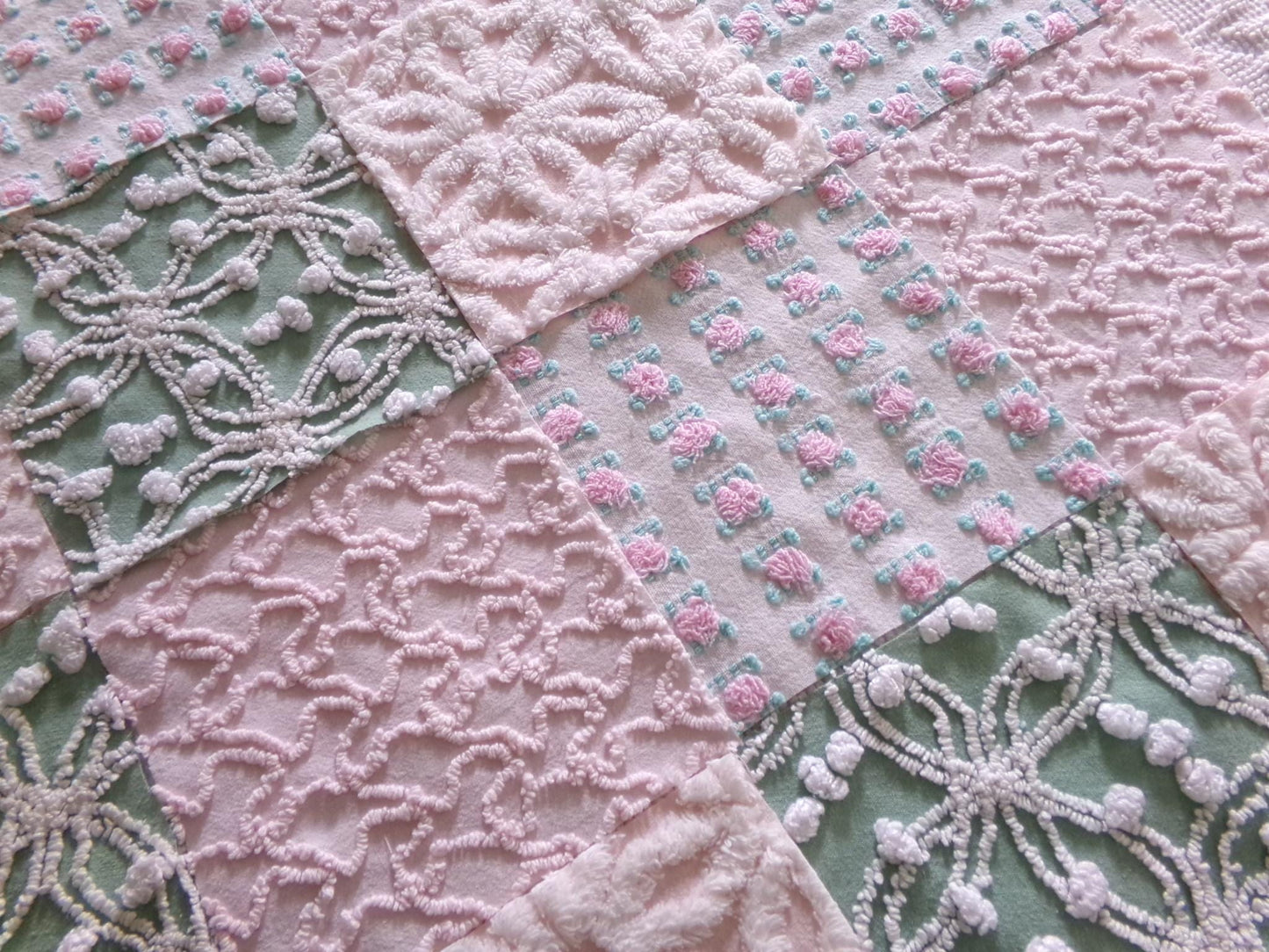 vintage chenille fabric quilt squares, "granny's garden" set of 16 blocks, 6" x 6" inch, pretty in rag quilts & patchwork pillows
