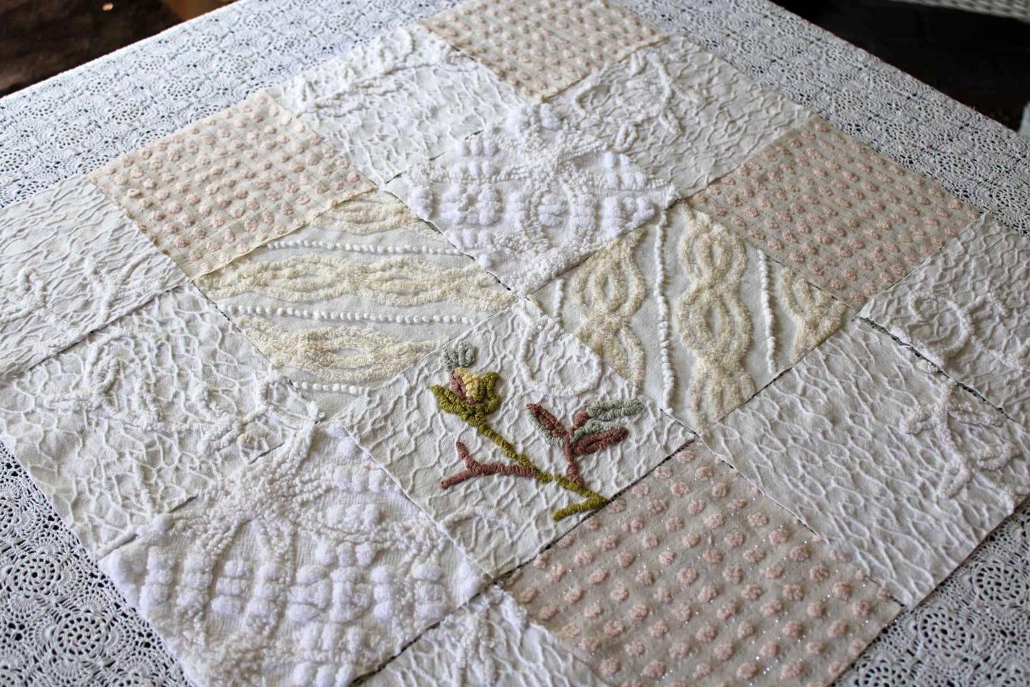 Vintage Matelasse & Chenille Fabric Squares, Heavenly Cream Set of 16 Blocks, 6" Each for Quilts, Crafts