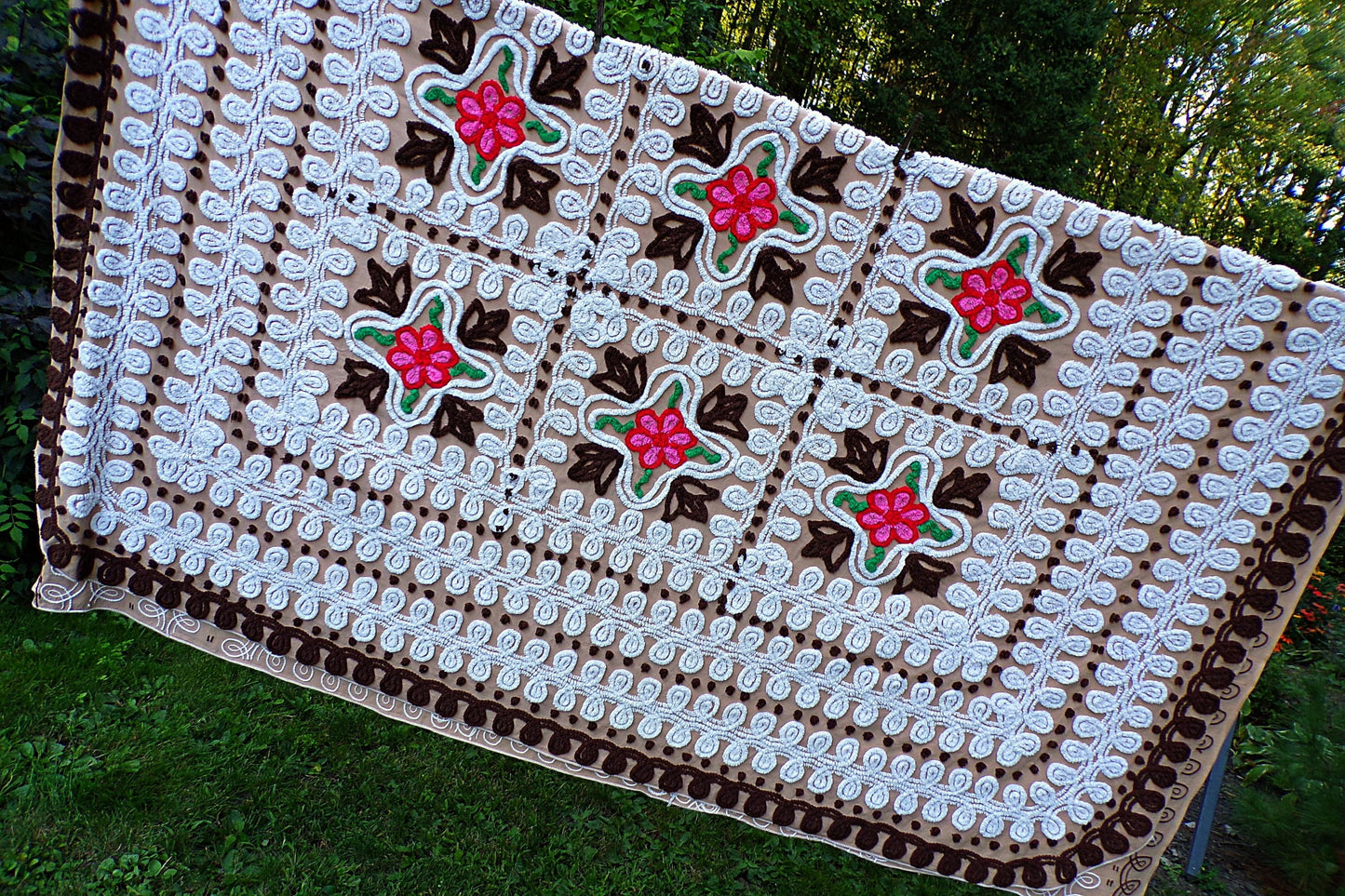 Boho Vintage Chenille Bedspread, Pink Roses on Cocoa Brown, Full Size Cotton Bedding
