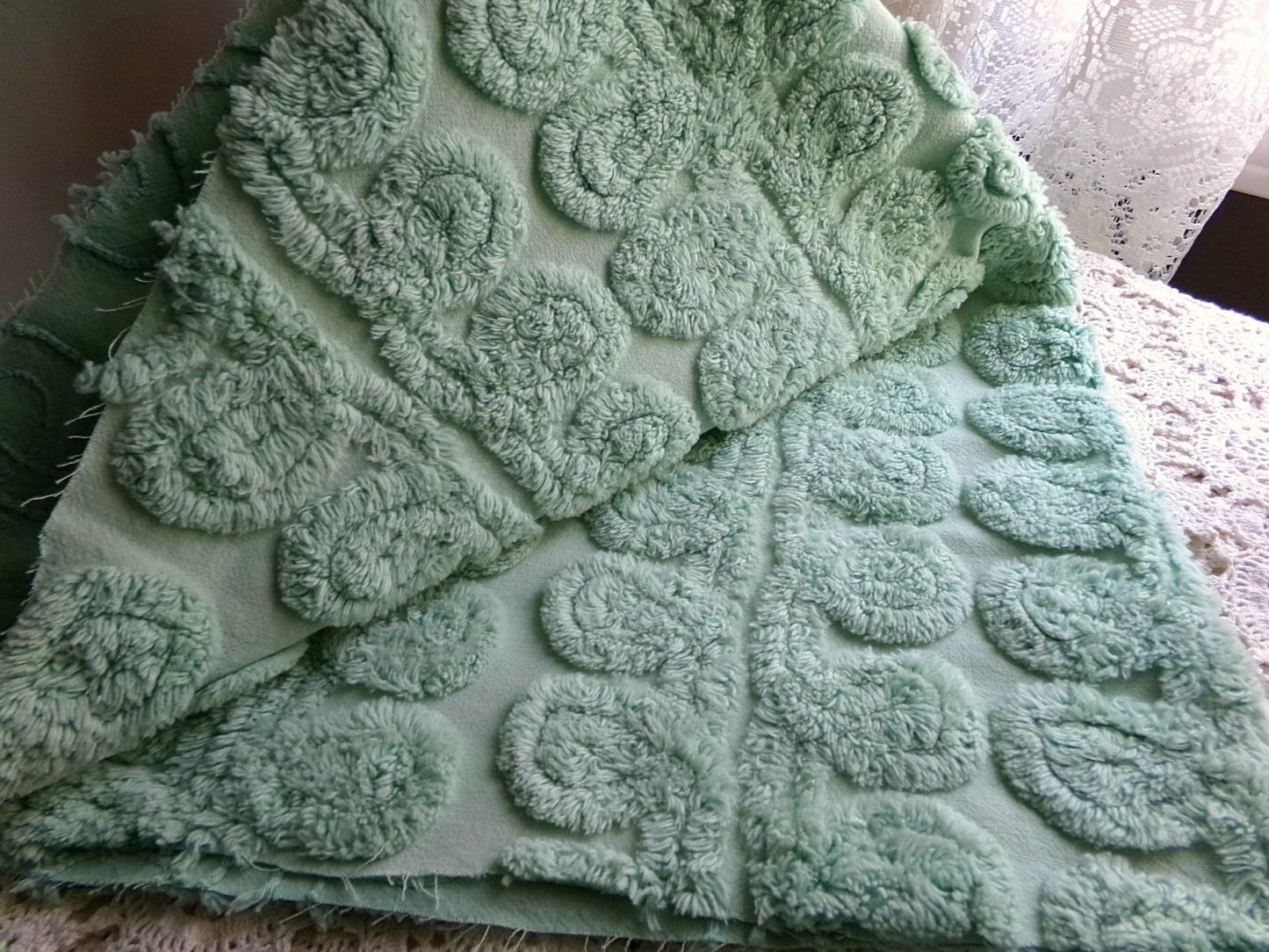 Fluffy Mint Ice Cream Swirl Vintage Chenille Fabric, Plush 20" x 26" inch piece in looping curlicues pattern