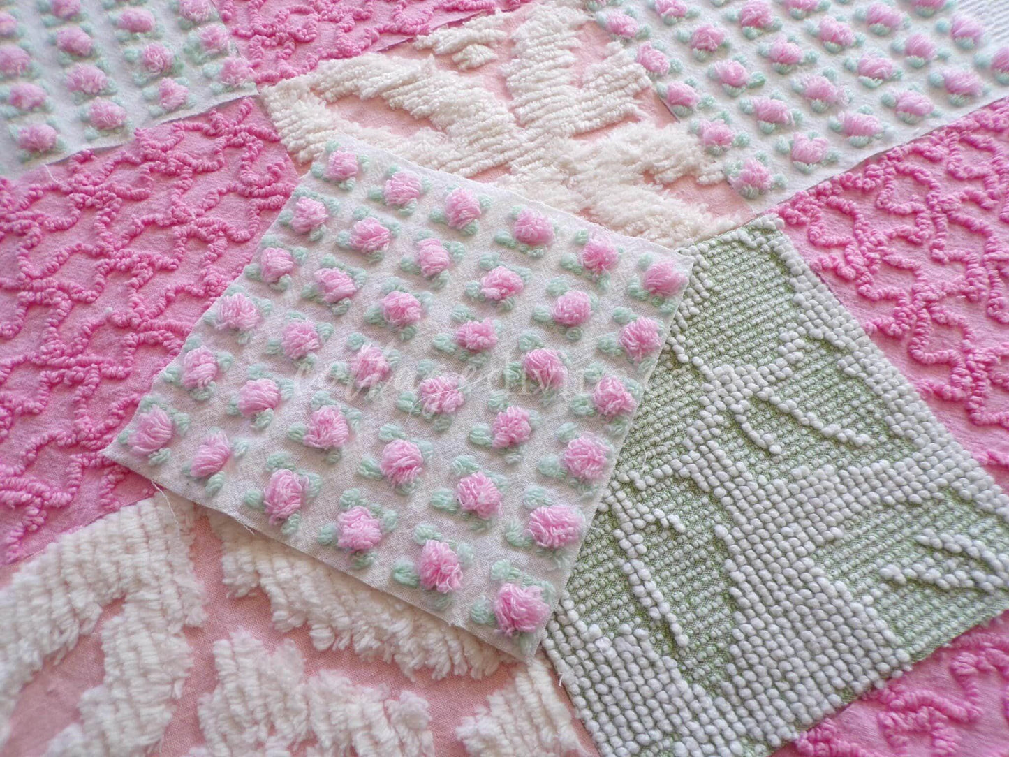 Spring Medley Vintage Quilt Squares Set from Chenille Bedspread Fabrics, 6" Blocks, Qty 16