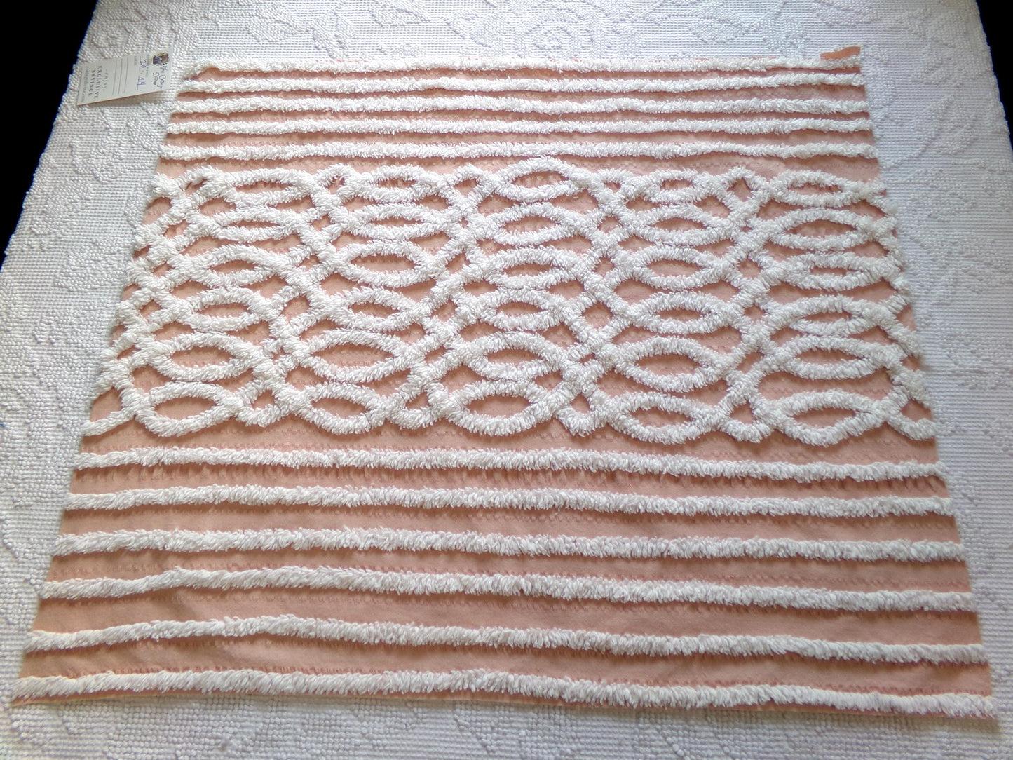 vintage chenille fabric: white geometric on peach cotton seersucker, 20" x 24" cut piece