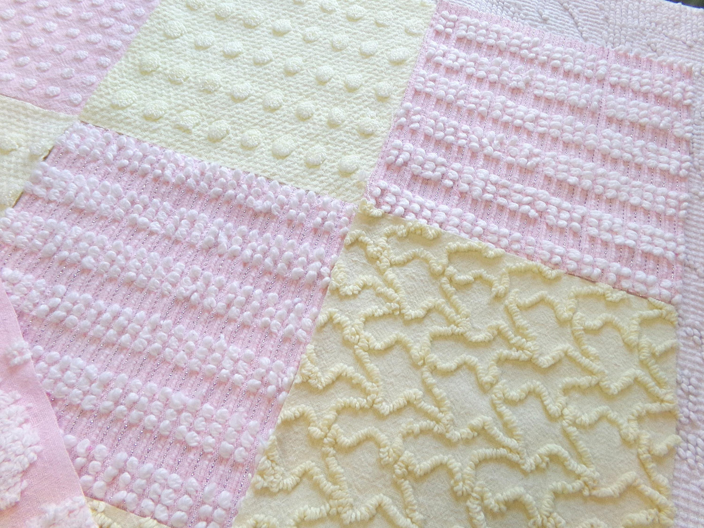 celebrate spring vintage chenille fabric squares, set of 17 pink & yellow 6" blocks for crafts, sewing