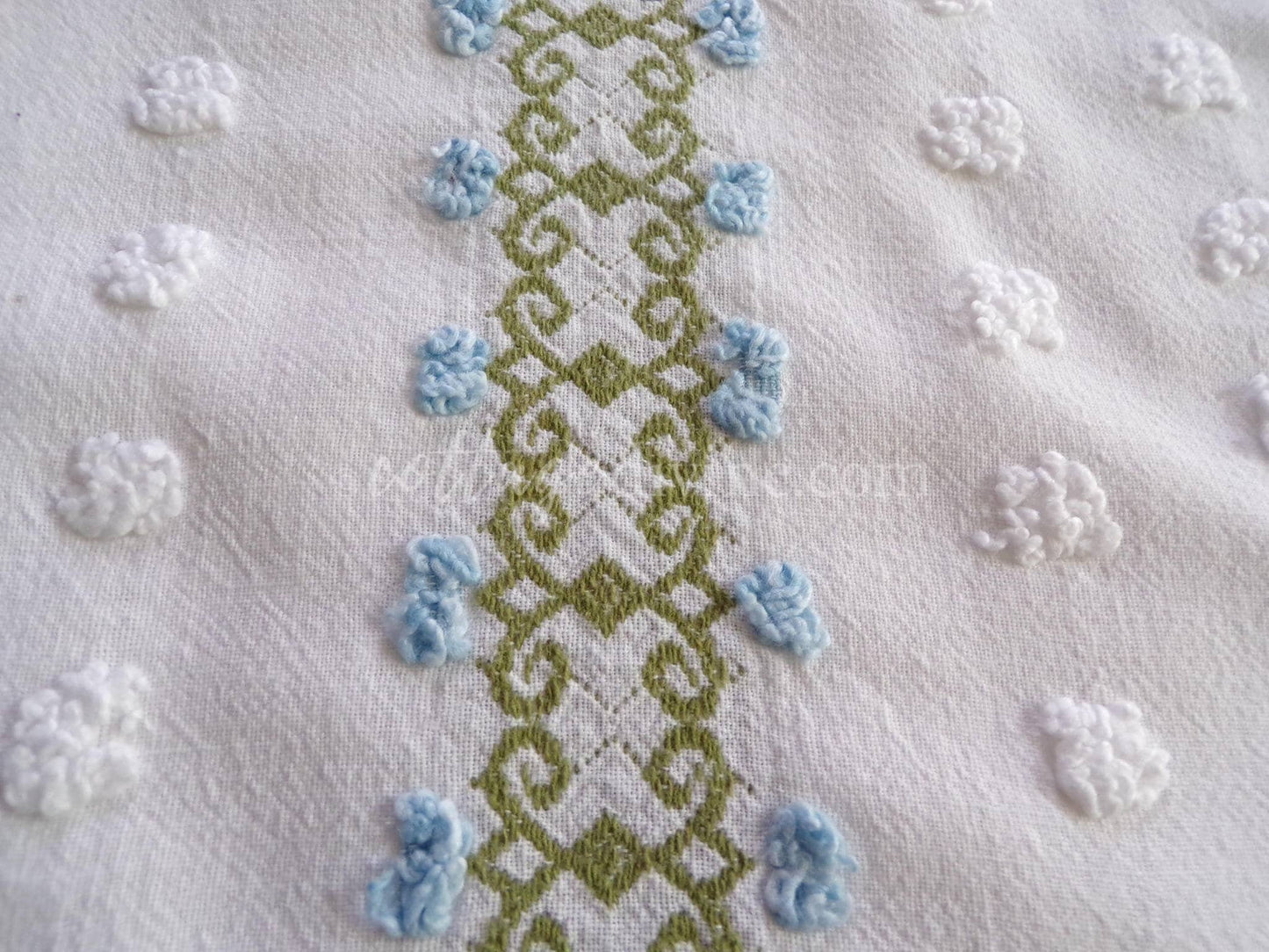 delicate vintage chenille fabric in abstract blue ivy rosebuds & white pops, 26" x 21" inch piece of quilt sewing material