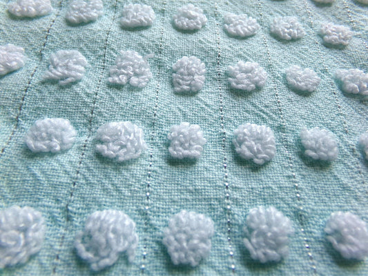 breezy aqua pops vintage chenille fabric, cute white popcorn dots w/ shimmer silver lurex, 18" x 24" cut piece sewing, craft, quilt material