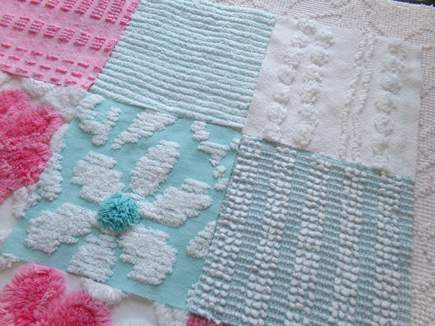 spring waltz vintage 6" chenille squares, set of 16 pink & aqua quilt blocks rotary cut from vintage chenille bedspread fabrics