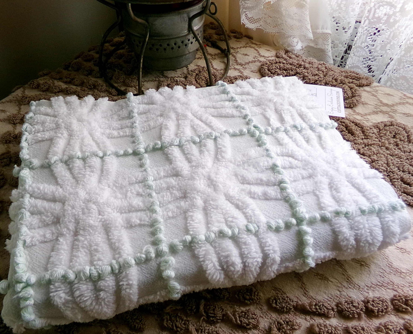 Popular Vintage Chenille Quilt Fabric, Mint Green Pearl Pops & White Spider Rings, 25" x 18" inch Piece