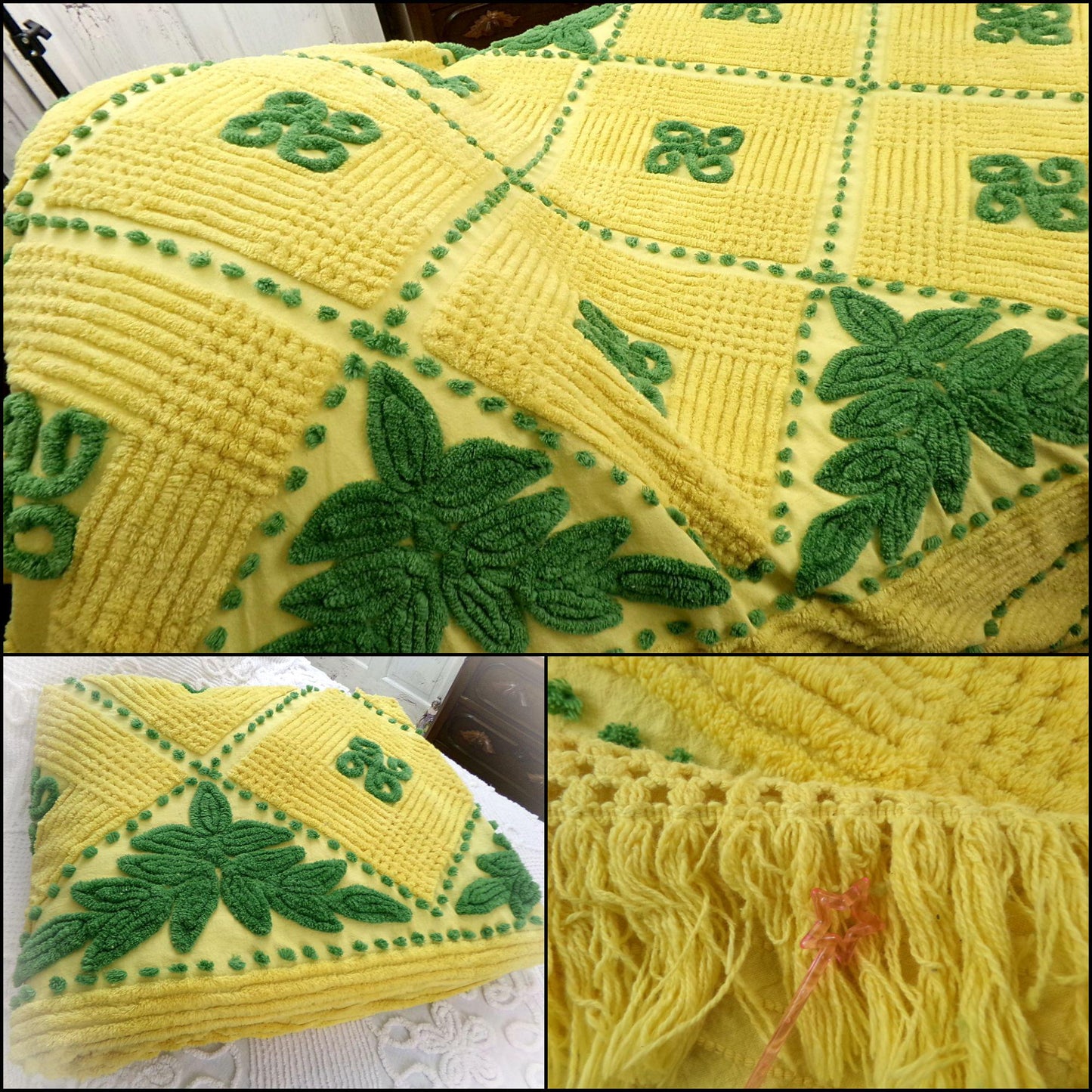 lucky leprechaun vintage chenille bedspread in mischievous emerald green & sunny yellow, plush cotton full size bedding with fringe