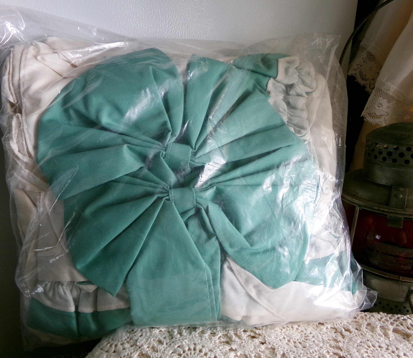Farmhouse Style Priscilla Curtain Panels Pair, Cream & GREEN Trim, Bow Tiebacks, NOS Vintage Window Curtains, 84" L, Williamsburg Collection