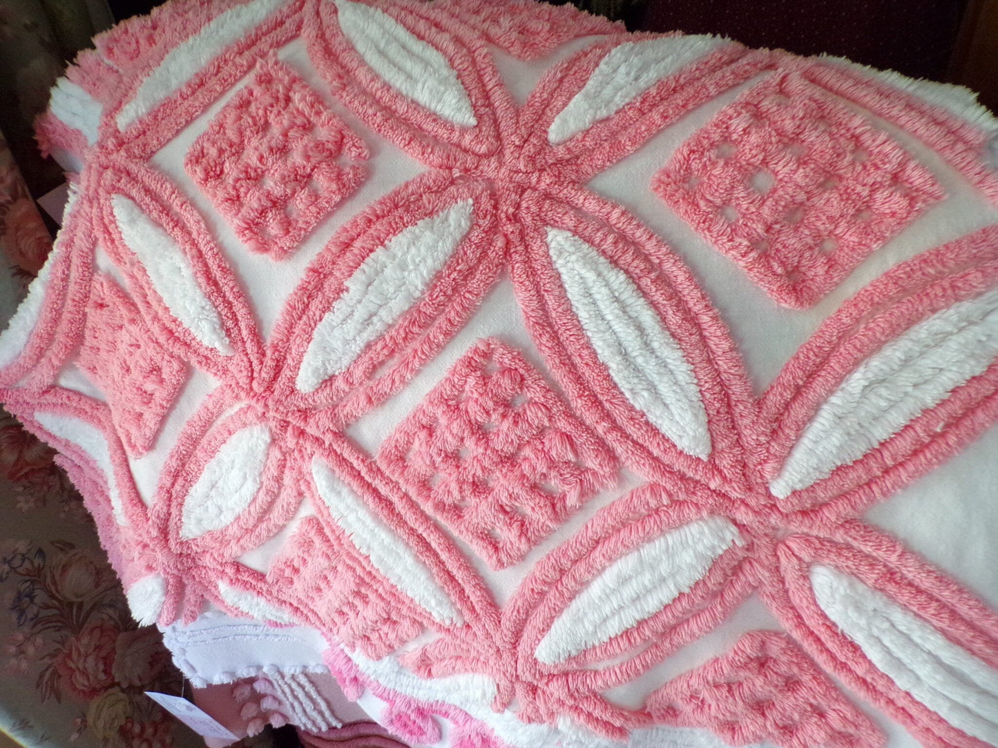 Super Plush Pink & White Chenille Fabric, 18" x 24"-inch Piece, Geometric Print, Vintage 100% Cotton