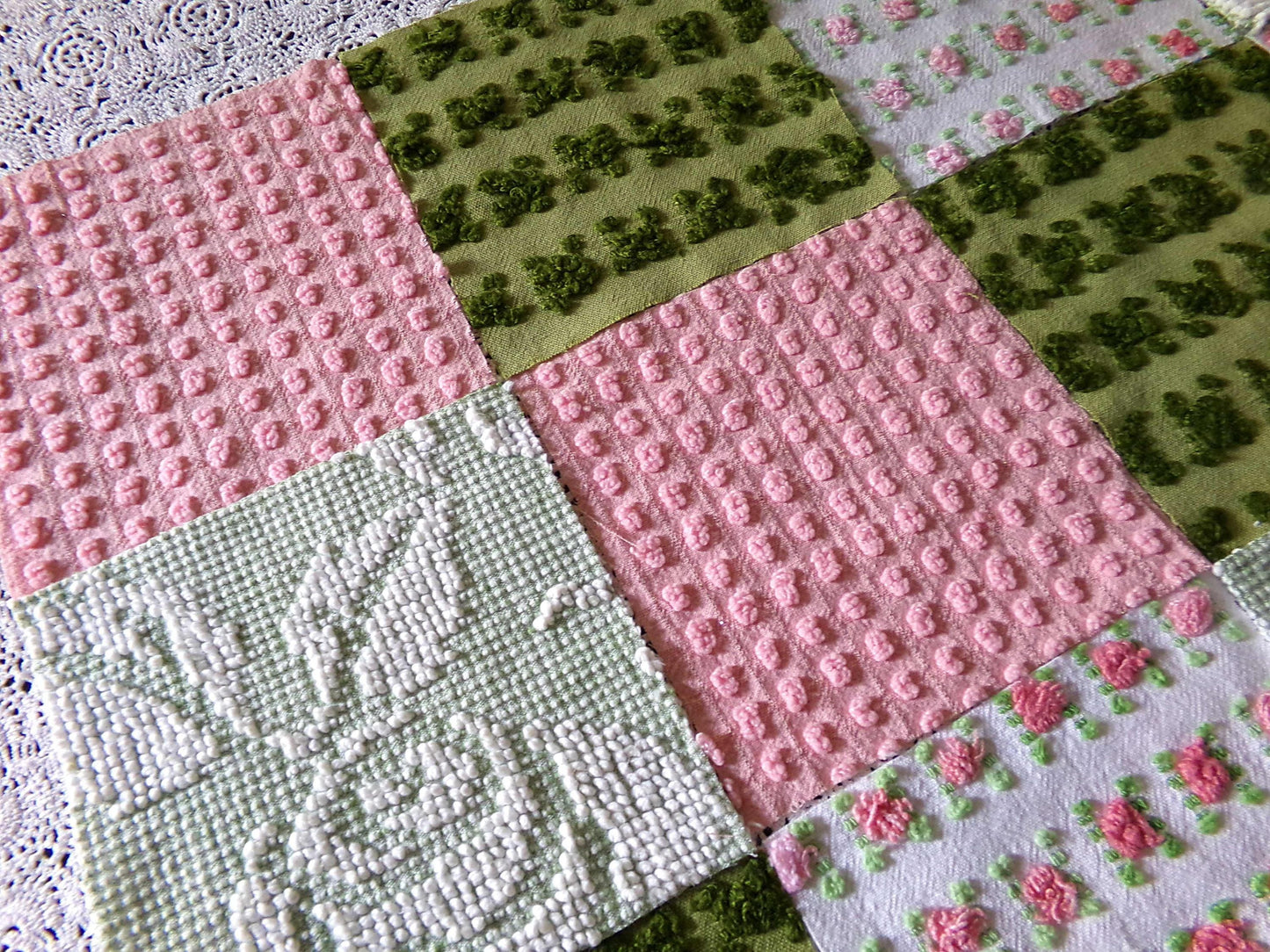 Olive & Ombre Rose Chenille Fabric Squares Set, Old Fashioned 16 Vintage Quilt Blocks, 6" x 6" inches each, for Quilting, Sewing, Pillows