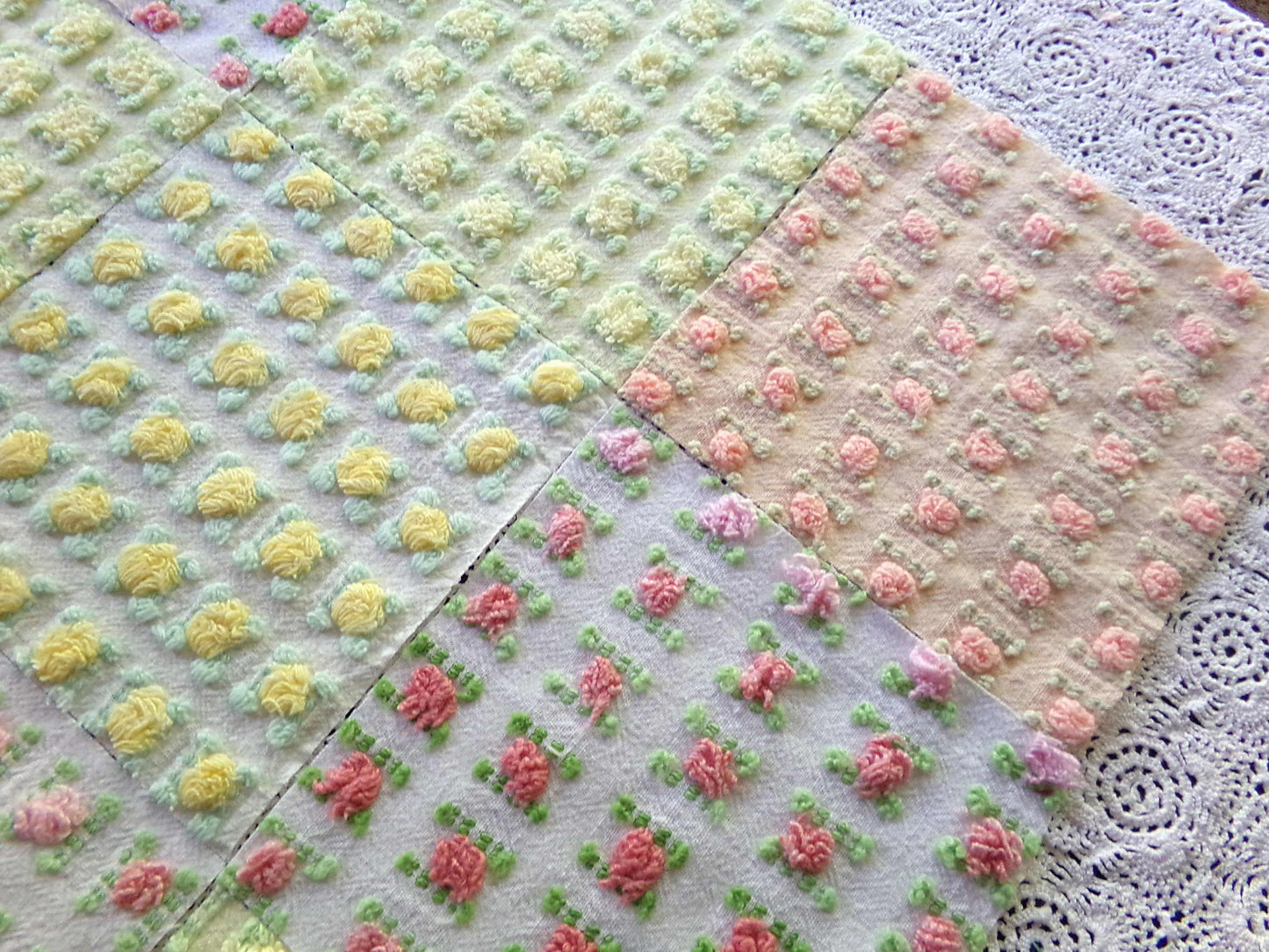 Sunrise Rosebud Chenille Quilt Squares Set, from Vintage Bedspread Fabric, 16 Blocks, 6" inch, in Yellow, Peach, & Ombre Pink Roses