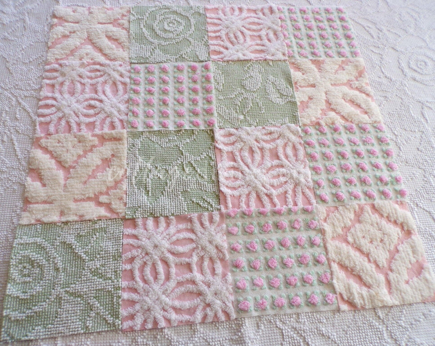vintage 6" chenille fabric squares, set of 16 quilt blocks in rose bloom pink, sage green & white geometric and floral prints