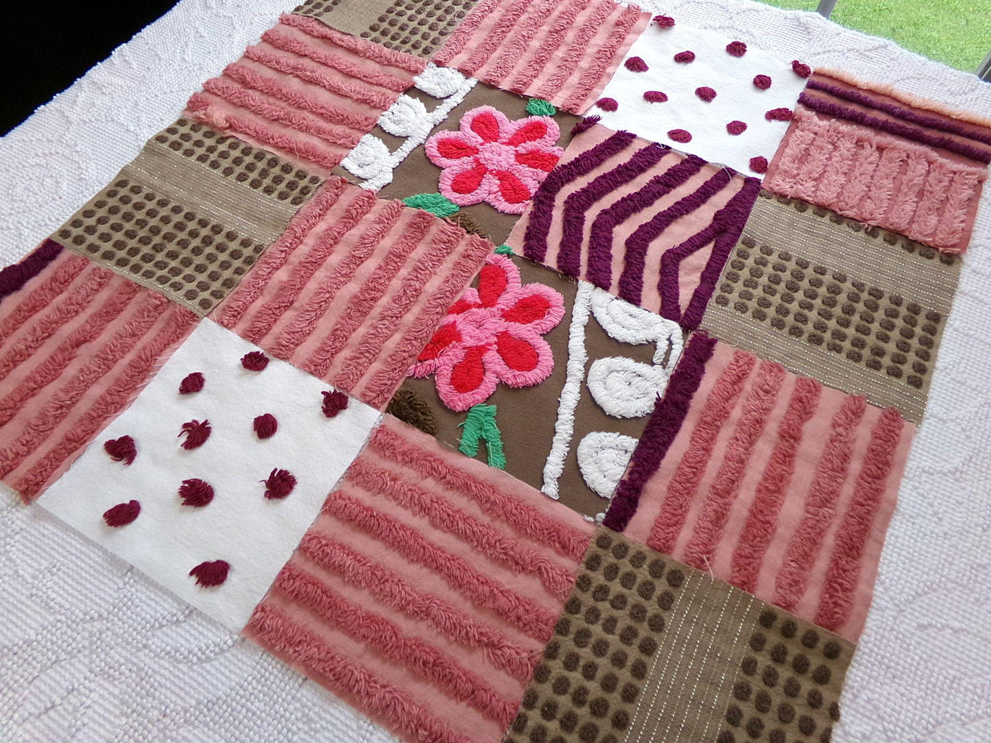 chocolate cake vintage chenille fabric squares, set of 16 yummy 6" craft blocks in brown & mauve pink for quilt inlays, pillows, fiber arts