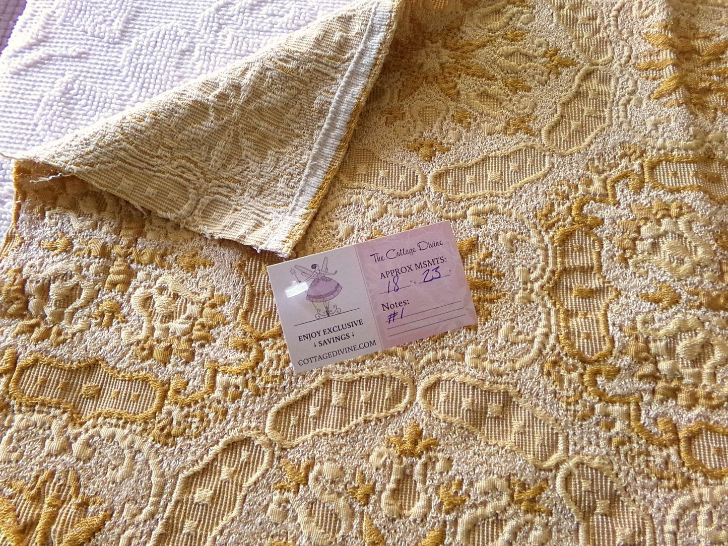celestial gold matelasse woven tapestry fabric, silky shimmer fringe, 18" x 23" inch piece of vintage luxury sewing material