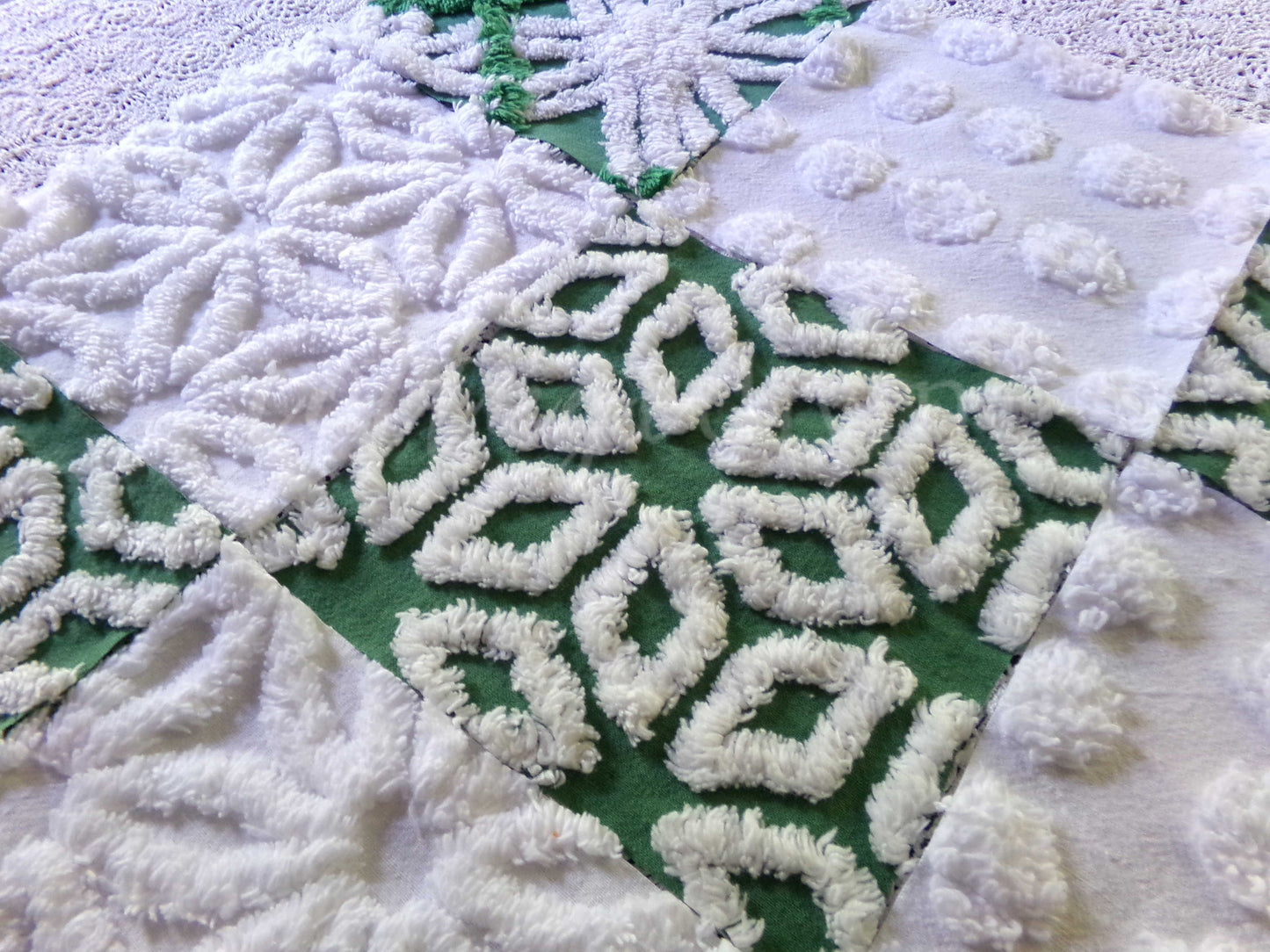 winter's enchantment vintage chenille fabric squares, set of 16 green & white quilting blocks, 6" each for patchwork pillows, quilt inlays