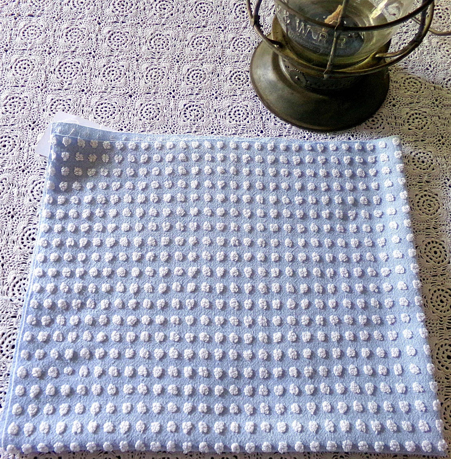 Bubble Dots Vintage Chenille Material, 24" x 18" inch Fabric Piece, Little White Pops on Sky Blue, Beachy Coastal Vibes