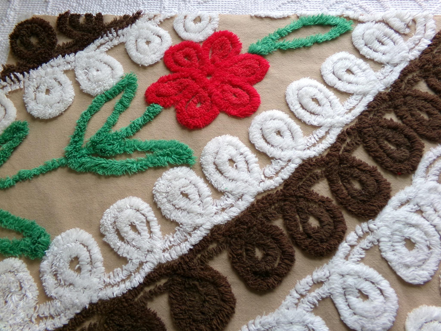 vintage chenille fabric, chocolate cake with a cherry on top, 20" x 26" piece of cotton sewing material in red flower, mocha, brown & white