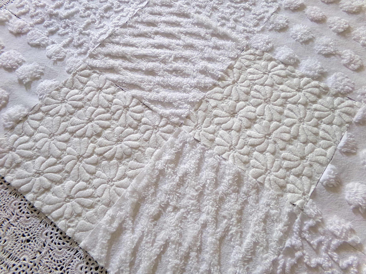 White Fabric Squares Cut from Vintage Woven & Chenille Bedspreads, *Daisies in Snow* Shades of White, 16 Quilt Blocks, 6" x 6" inch each