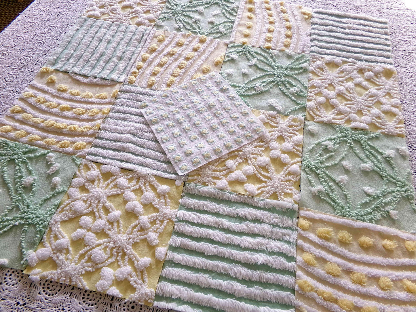 Springtime Fresh Chenille Fabric Squares Set in Yellow, Green & White, 17 Blocks, 6" inch ea, Cheery Stripes, Dots Geometric Designs