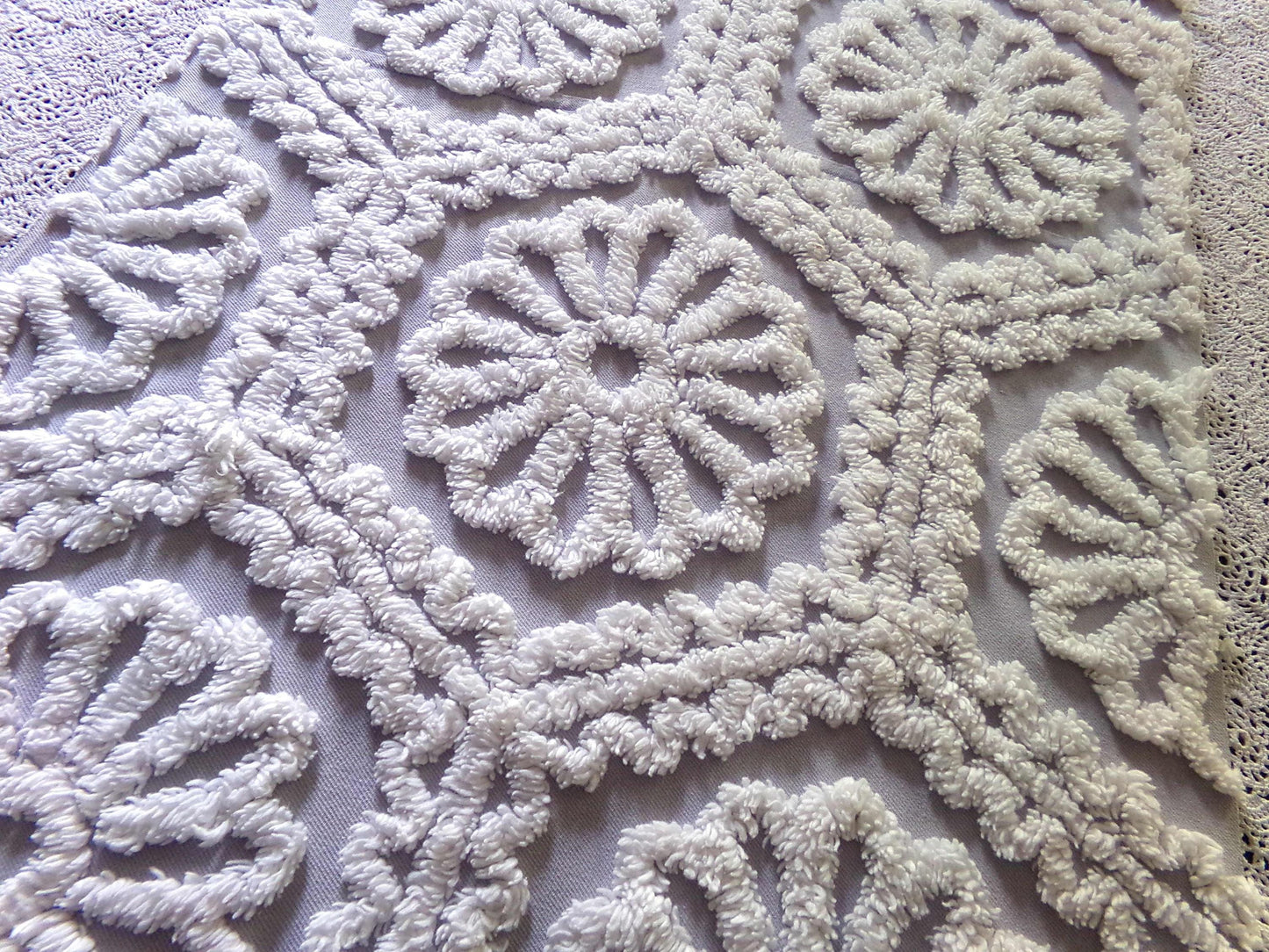 lavender mist cottage chic chenille fabric, plush white daisies, 17" x 26" piece of vintage sewing material for quilting, fiber arts