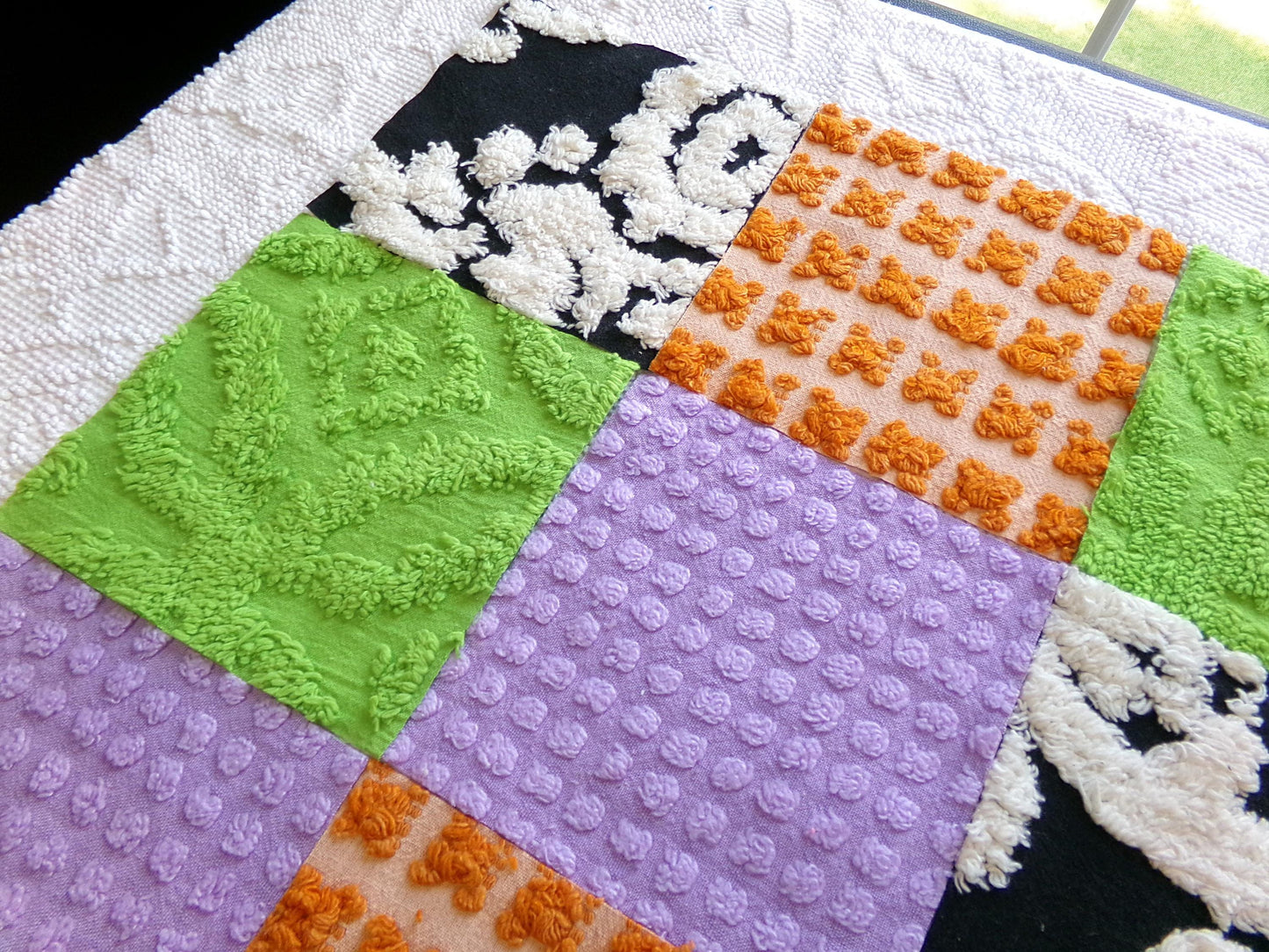 whimsical witch vintage chenille fabric squares, set of 16 playful 6" blocks for crafts, sewing in orange, black, green & lavender