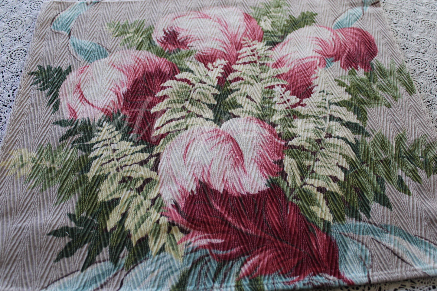 Heavenly Feather Pink Plume Vintage Barkcloth Fabric, 19" x 16" inch Piece, Botanical Floral Print on Cool Grey, Great for DIY Pillows