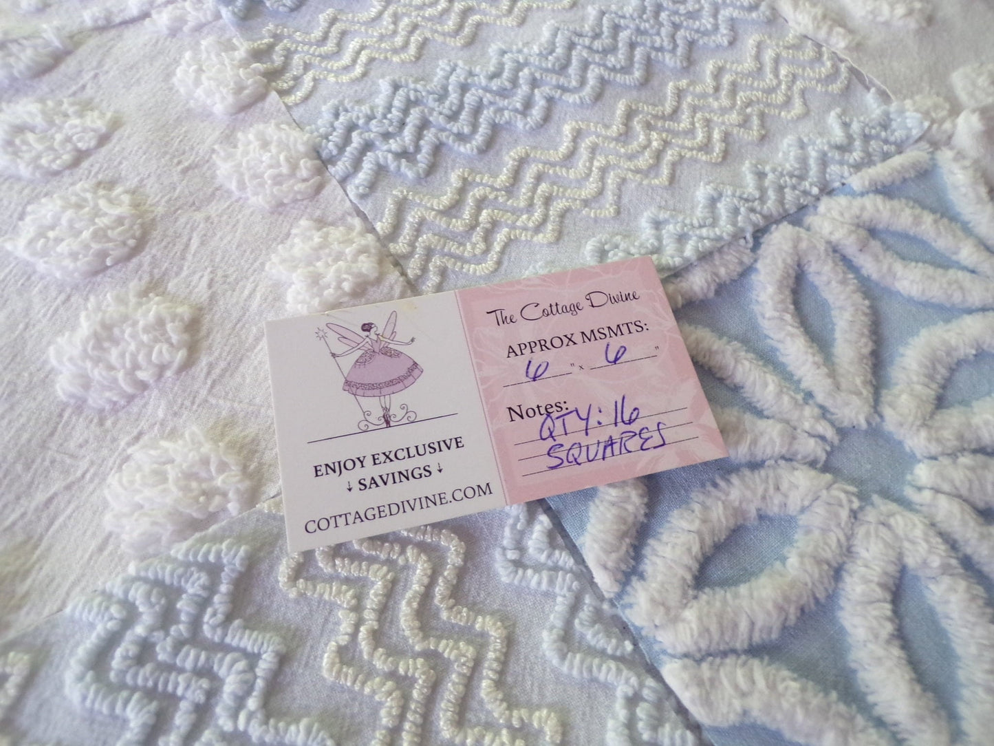 Cool Blue & White Quilt Squares Set, Rotary Cut from Vintage Chenille Bedspread Fabric, 16 Blocks, 6" x 6" inch