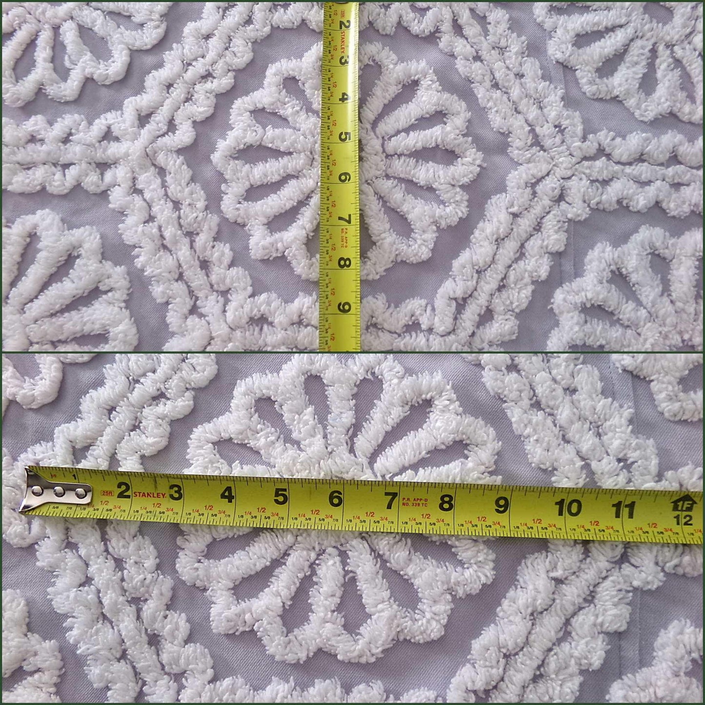 lavender mist cottage chic chenille fabric, plush white daisies, 17" x 26" piece of vintage sewing material for quilting, fiber arts