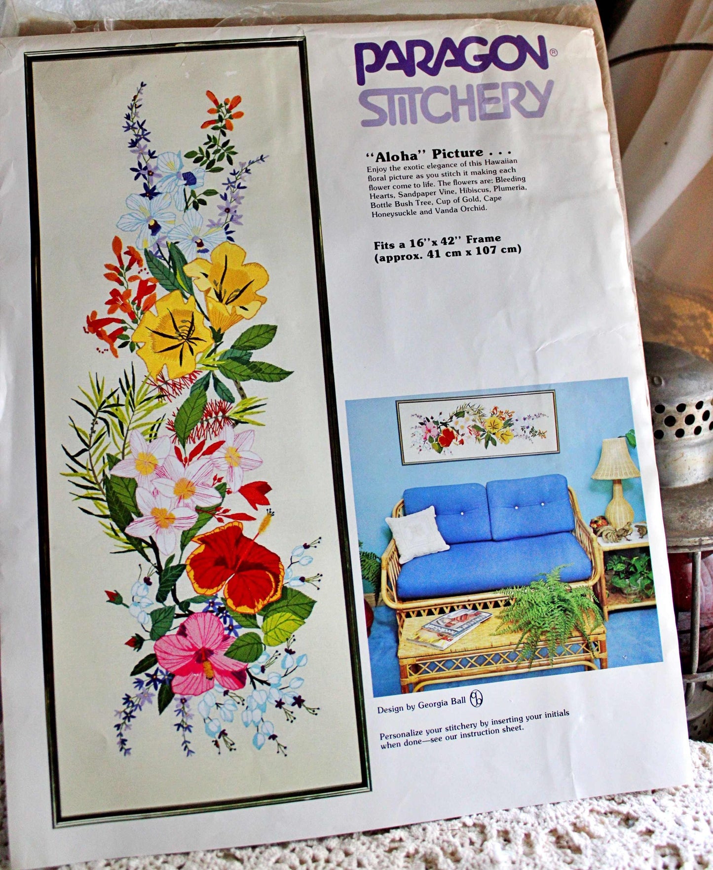 Hawaii ALOHA Crewel Embroidery Kit, Vintage Paragon Stitchery #0101, 16" x 42" Large Tropical Floral Wall Hanging, Georgia Ball Design