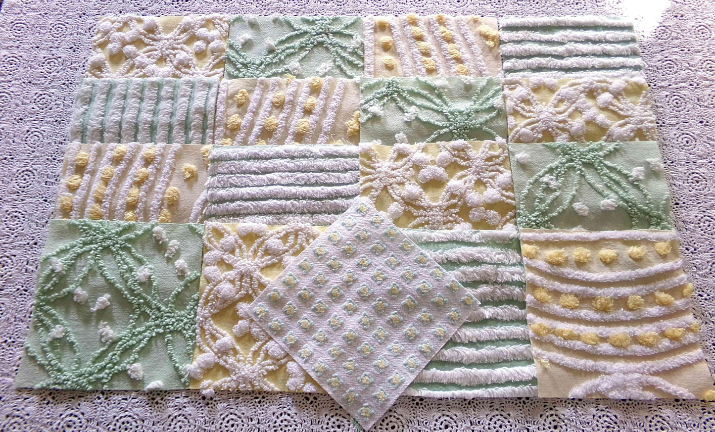 Springtime Fresh Chenille Fabric Squares Set in Yellow, Green & White, 17 Blocks, 6" inch ea, Cheery Stripes, Dots Geometric Designs
