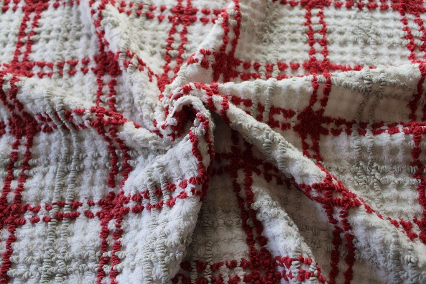 Chic Plaid Vintage Chenille Fabric, Maroon & Grey Needletufting on White Grid, 20" x 24" inch Piece, 100% Cotton