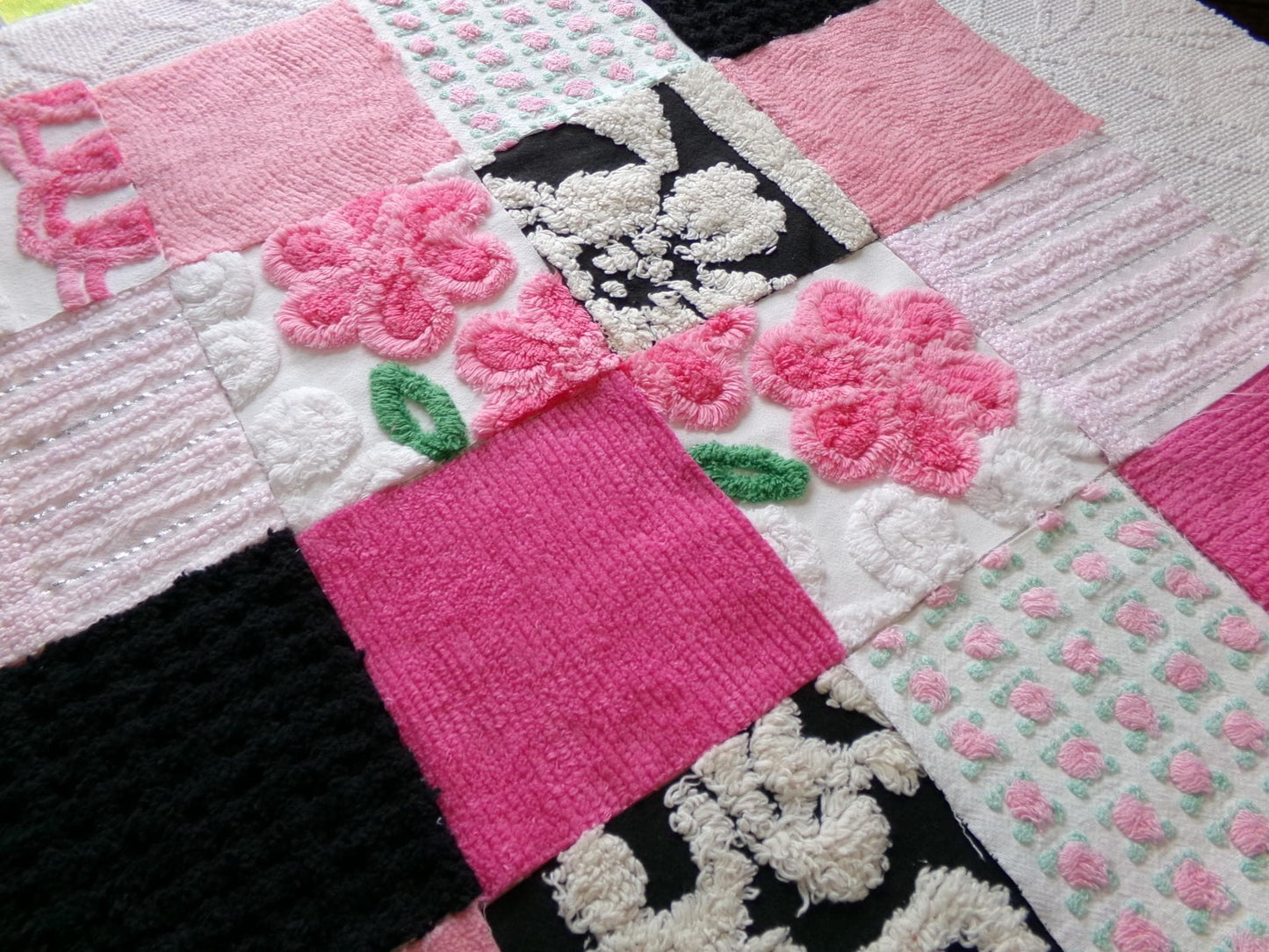 french cafe chenille squares, set of 16 vintage pink & black 6" fabric blocks, chic designs for quilt inlays, pillows, fiber arts
