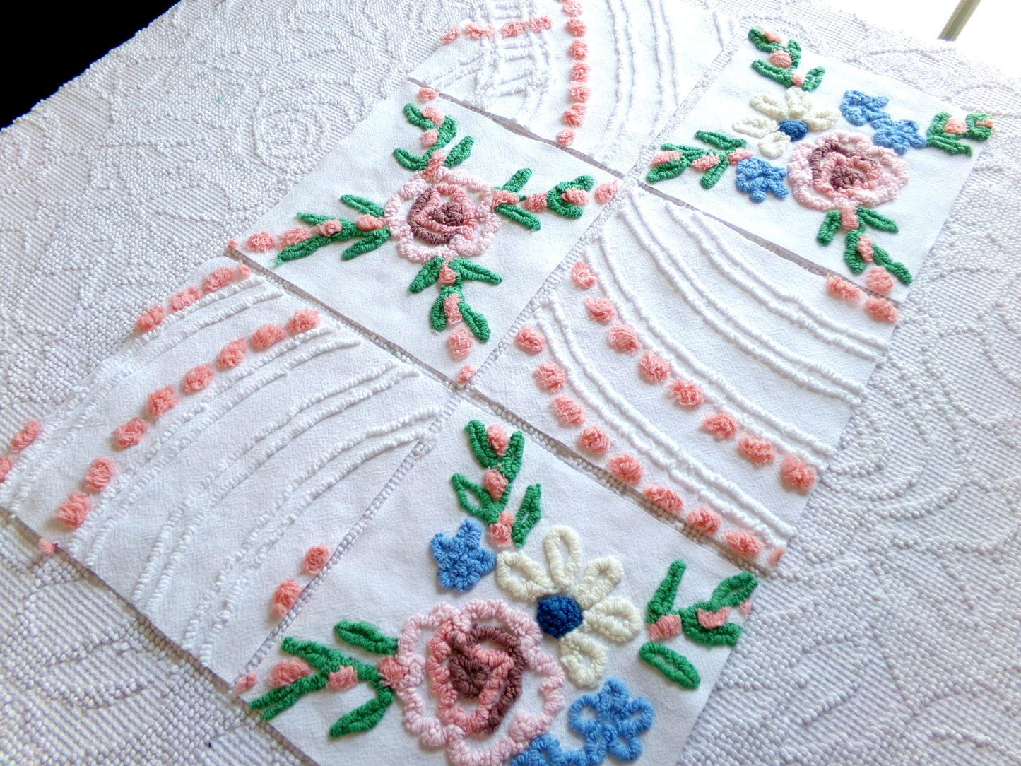 vintage 7.5" chenille fabric squares, set of 6 cottage style quilt blocks, peach, white rose floral & geometric for sewing, crafts, quilting