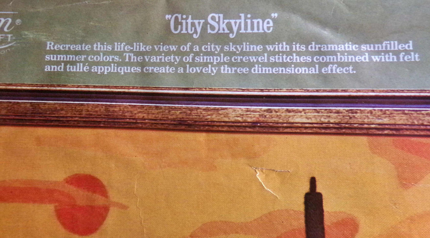CITY SKYLINE Vintage Paragon Crewel Embroidery Stitchery Kit 0634, 1970s Retro Landscape Design by Joyce Levitt