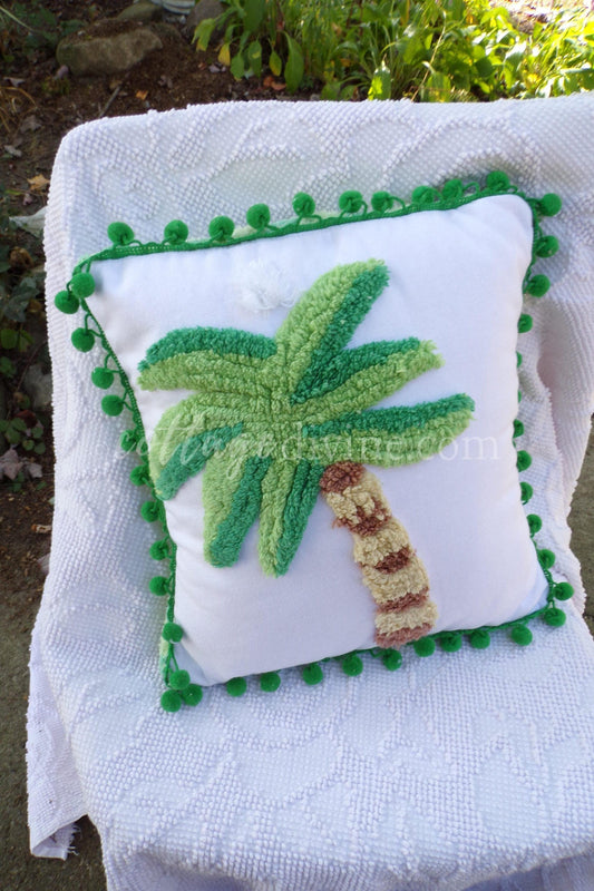 Tropical Bungalow Vintage Chenille Pillow Cover 12" x 12" inch Square, REVERSIBLE Palm Tree Design Accent Pillow & Insert with Pom Pom Trim