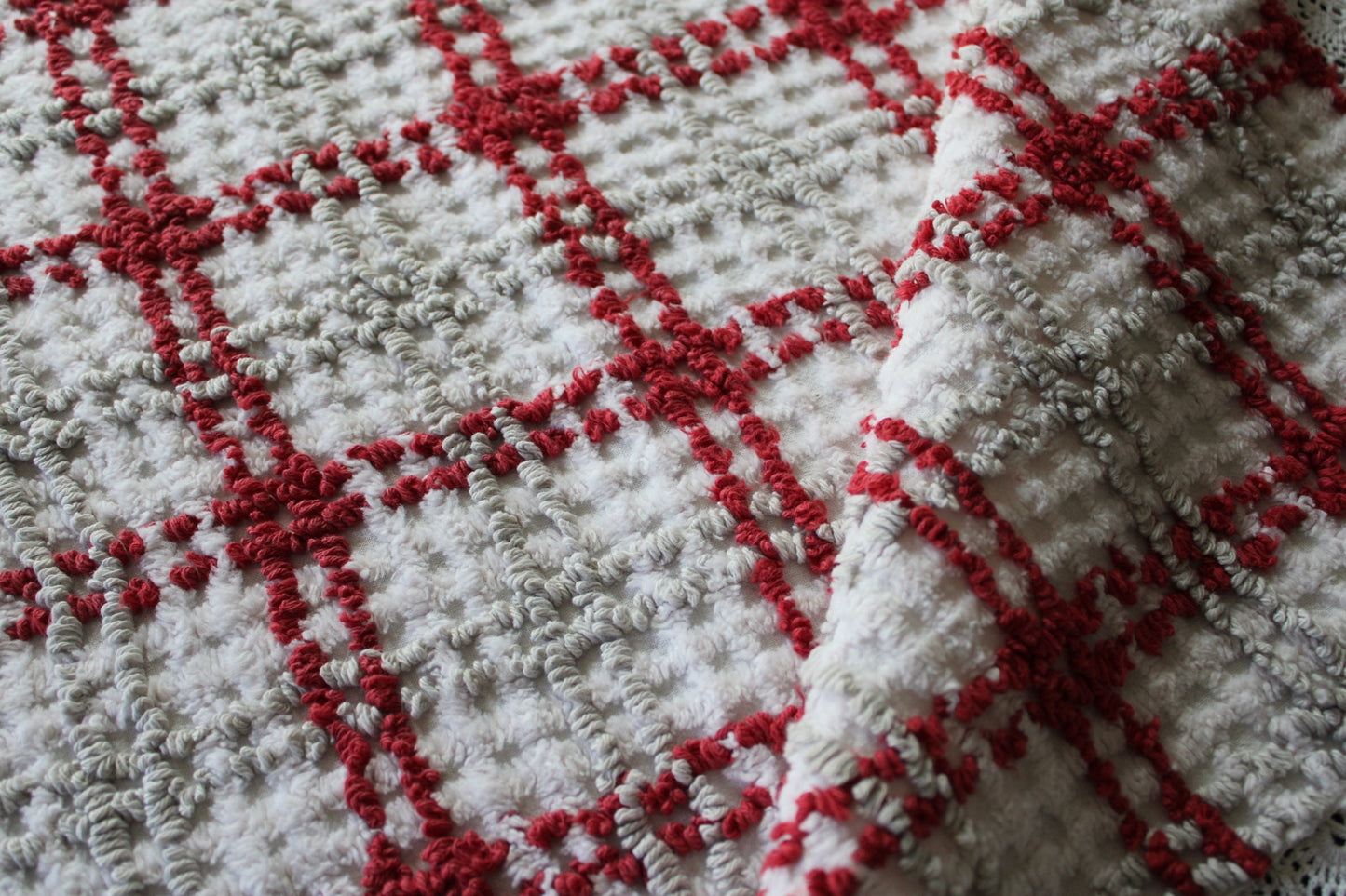 Chic Plaid Vintage Chenille Fabric, Maroon & Grey Needletufting on White Grid, 20" x 24" inch Piece, 100% Cotton