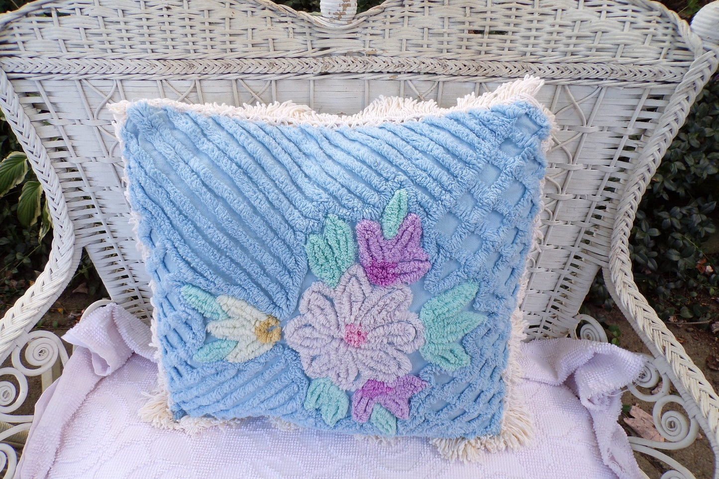 Cottage Blue Floral Chenille Pillow Cover 17" x 17" inch Square, REVERSIBLE Accent Fringe Pillow from Vintage Chenille Bedspread Fabric