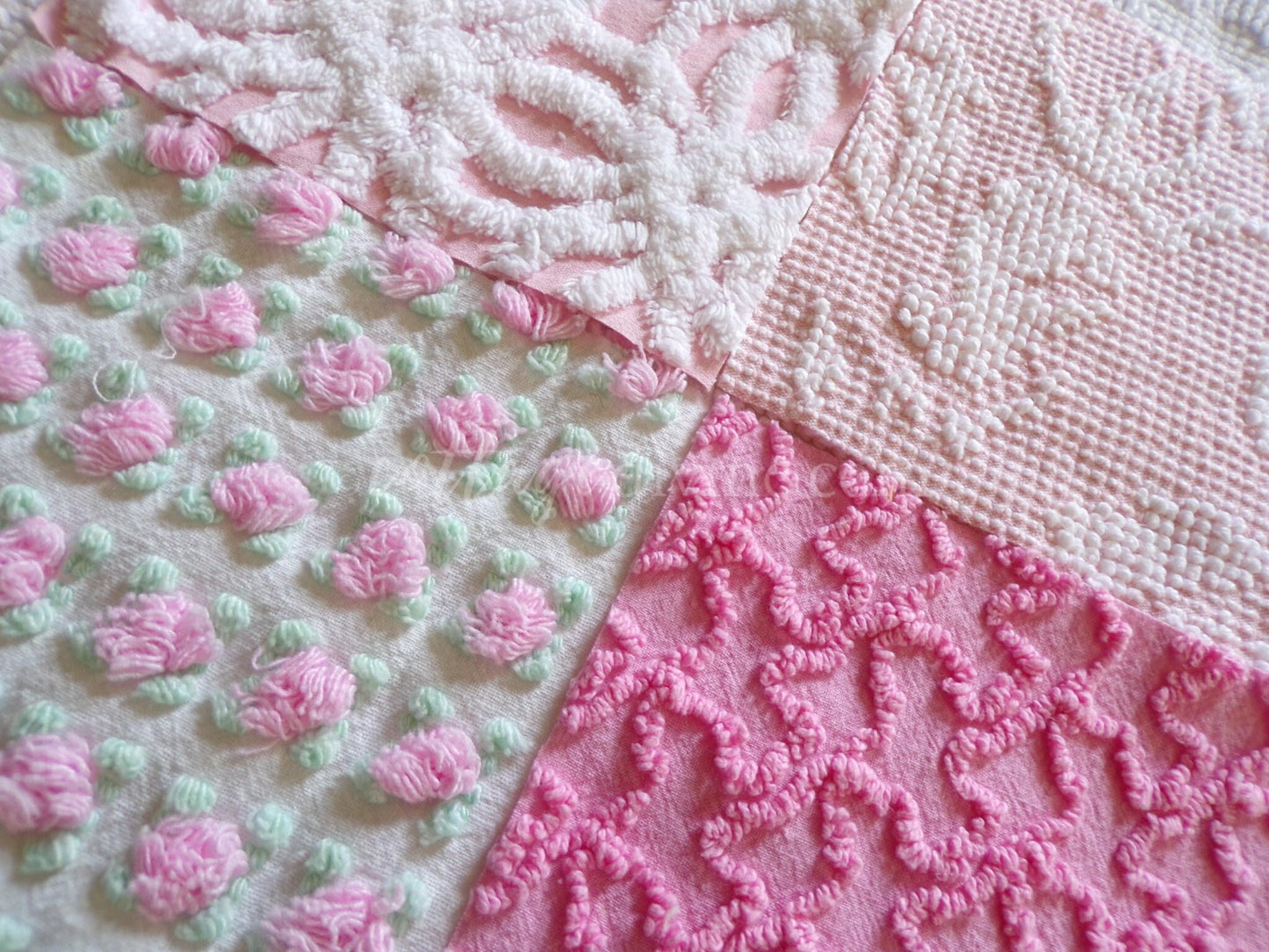 Must Love Pink Chenille Quilt Squares Set from Vintage Bedspread Fabric, 16 Blocks, 6" inch