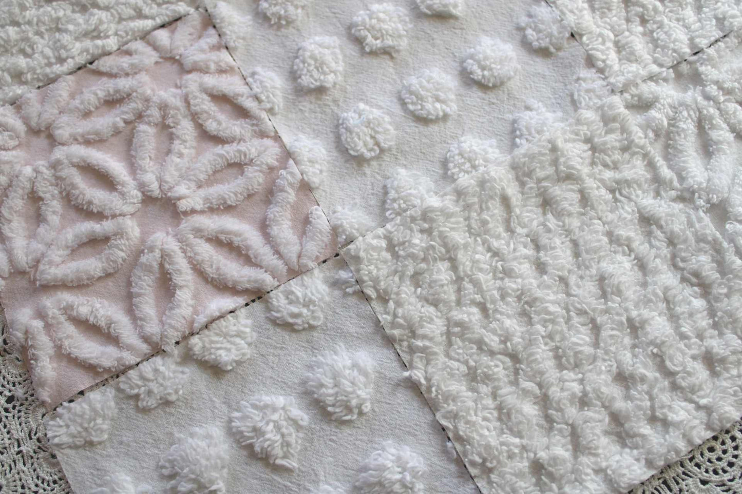 Baby's Breath Chenille Fabric Squares Set in White & Pink, Cut from Vintage Chenille Bedspread Material, 16 Blocks, 6" x 6" inch each