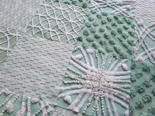 gorgeous green chenille fabric squares, set of 16 vintage 6" craft blocks, geometric designs for quilt inlays, pillows, fiber arts