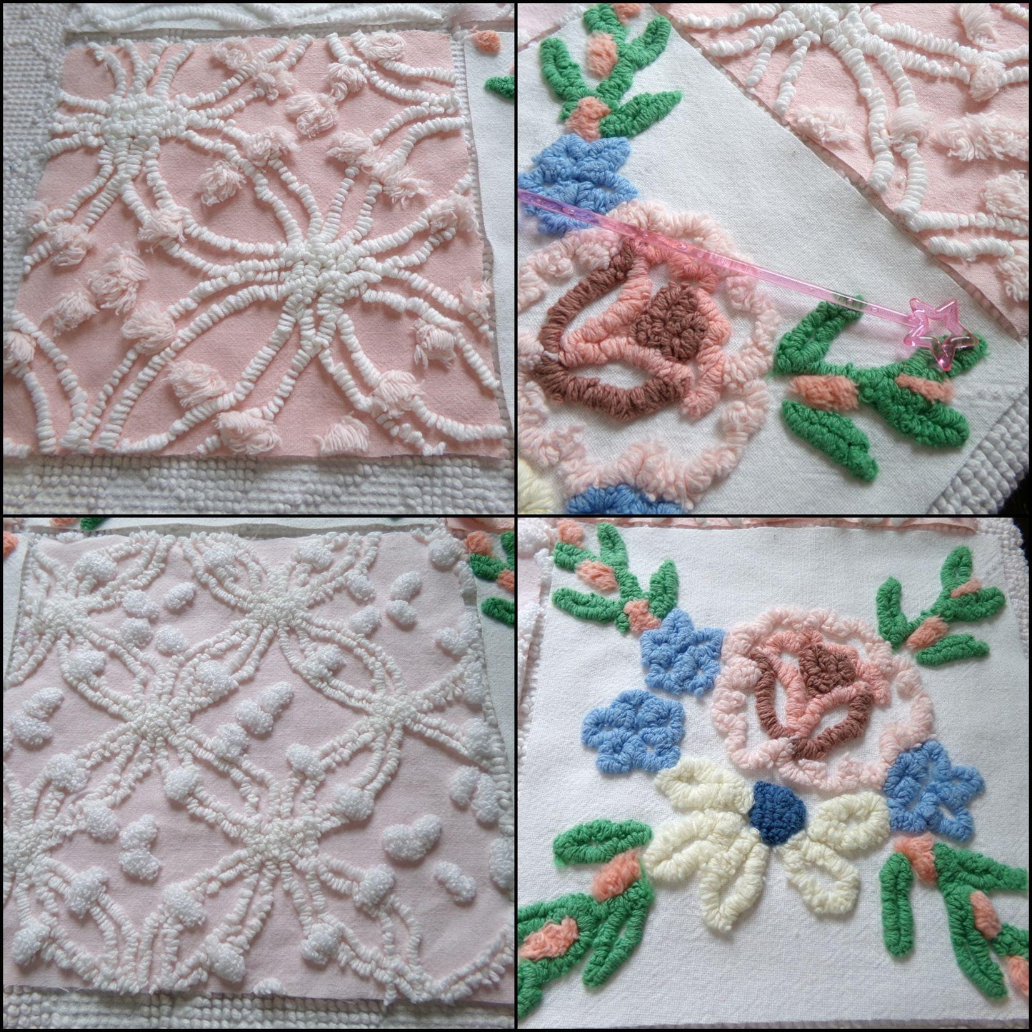 shabby fantasy florals chenille fabric squares, set of 8 vintage 7.5" quilt blocks, pink & white wildflowers for sewing, crafts, quilting
